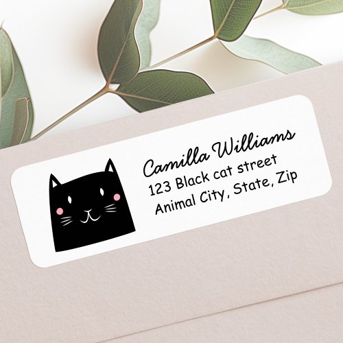 Personalized address sticker featuring whimsical black cat graphic with script and playful font design.