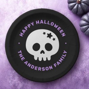 Cute skull with stars black purple Happy Halloween Paper Plates