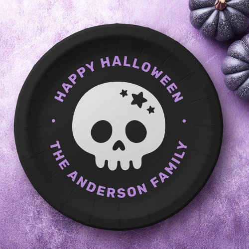 Cute skull with stars black purple Happy Halloween Paper Plates