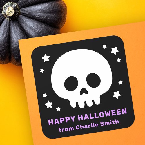 Cute skull with stars black and purple Happy Halloween square sticker