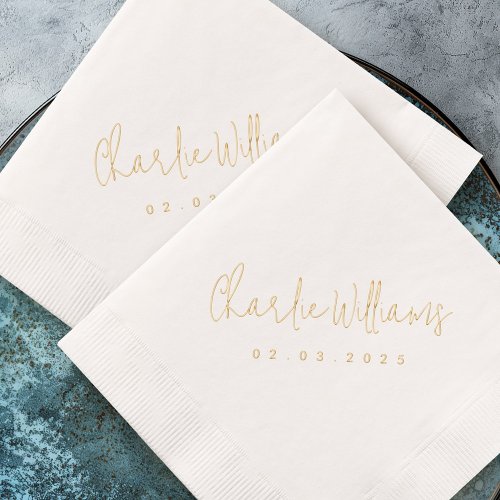Elegant handwritten style name date real foil napkins