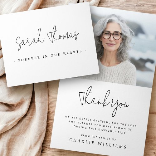 Elegant script forever in our hearts funeral photo thank you card