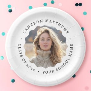 Graduate photo white wavy border graduation paper plates