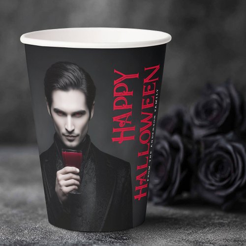 Handsome vampire drinking blood Happy Halloween party paper cups