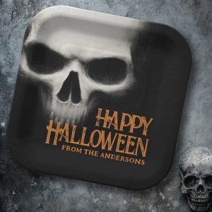 Happy Halloween ghost skull paper plate with personalized orange distressed text.
