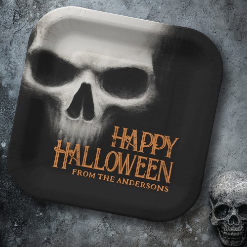 Happy Halloween ghost skull paper plate with personalized orange distressed text.