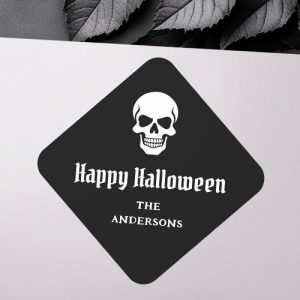 Happy Halloween sticker with spooky skull and custom name or text