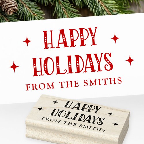 Personalized wooden rubber stamp with retro “Happy Holidays” lettering, star accents, and custom family name. Perfect for Christmas cards, envelopes, and seasonal packaging.