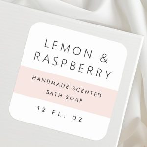 Custom minimalist product labels with editable text, featuring a clean black font and blush pink accent on a white background