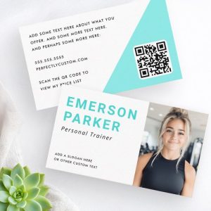 Modern white and aqua blue custom photo business card with QR code