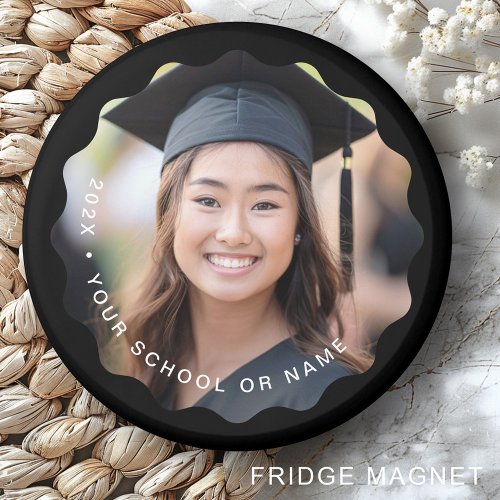 Round graduation fridge magnet with customizable photo, year, and school name in white text on a black wavy border. Functional keepsake and décor.