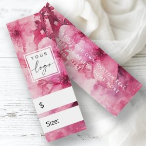 Customizable pink watercolor floral price tags with logo space, price and size fields, and editable text. Elegant boutique hang tags, ideal for clothing, accessories, and handmade goods.