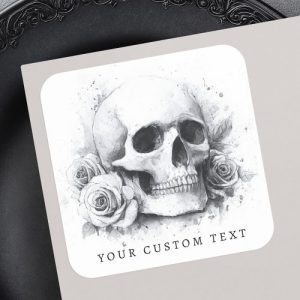 Skull with roses gothic watercolor painting Halloween sticker with custom text