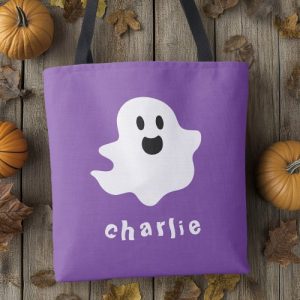 Cute happy ghost and name purple Halloween tote bag