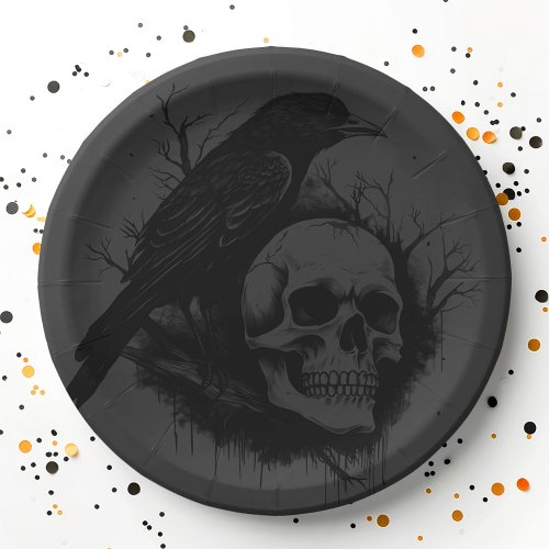 Subtle skull and raven dark gothic Halloween paper plates