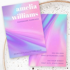 Personalized jewelry earring display card with soft gradient background in pink, aqua, and purple.