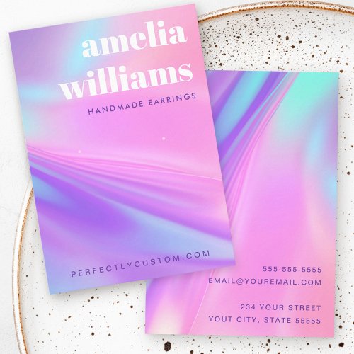 Personalized jewelry earring display card with soft gradient background in pink, aqua, and purple.