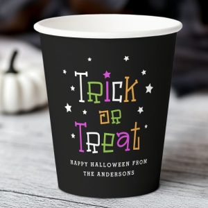 Festive trick or treat Happy Halloween paper cups with personalized text
