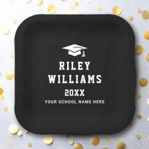 Modern black Graduation paper plates with graduate cap and personalized student grad name, school and class