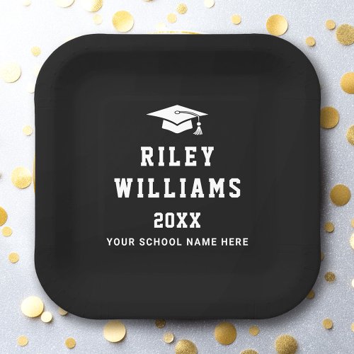 Modern black Graduation paper plates with graduate cap and personalized student grad name, school and class