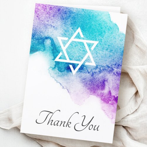 Jewish funeral sympathy thank you card with Star of David on watercolor wash in shades of aqua, blue, and purple, and elegant “Thank You” script.