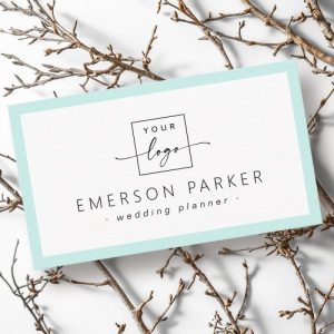 Minimalist modern business card template with aqua border, logo space, and customizable name and contact details.