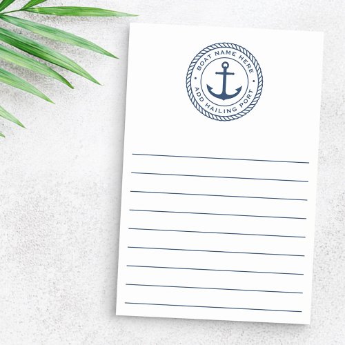 Custom nautical sticky notes notepad with navy anchor emblem, rope circle design, and lined paper for notes.
