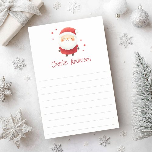Custom Christmas sticky notes featuring a cute watercolor Santa Claus illustration, lined writing space, and customizable name text in red holiday font.