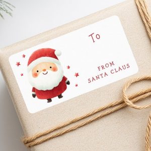 Festive Christmas gift label featuring a watercolor Santa Claus illustration with red suit, white beard, stars, and “From Santa Claus” text. Cute and playful sticker for holiday presents.