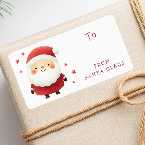 Festive Christmas gift label featuring a watercolor Santa Claus illustration with red suit, white beard, stars, and “From Santa Claus” text. Cute and playful sticker for holiday presents.