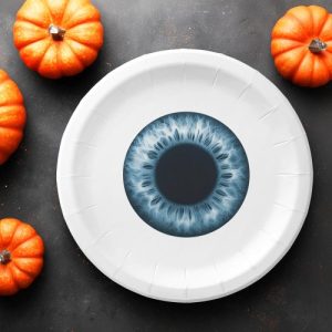 Paper plate with realistic blue iris eye design for parties and Halloween.