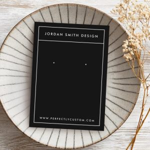 Customizable modern black earring display card with white text and minimalist design.