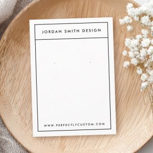 Customizable jewelry earring display card with black border and modern typography.