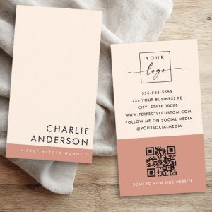 Modern customizable business card template with terracotta accent, logo space, contact details, and QR code for easy website access.
