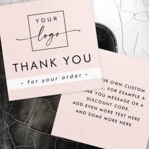 Blush pink small business thank you card with custom logo and message. Modern minimalist design in light blush pink