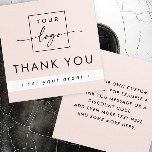 Blush pink small business thank you card with custom logo and message. Modern minimalist design in light blush pink