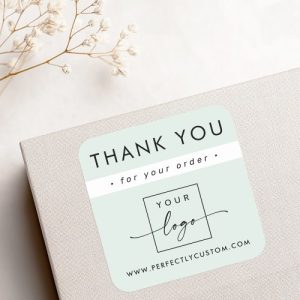 Personalized thank you sticker with mint green background, custom logo area, and modern typography.