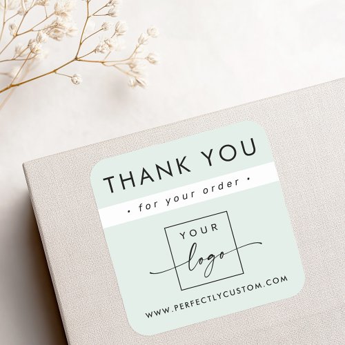 Personalized thank you sticker with mint green background, custom logo area, and modern typography.