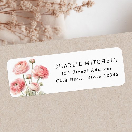 Custom floral return address label with watercolor pink ranunculus flowers and personalized text.
