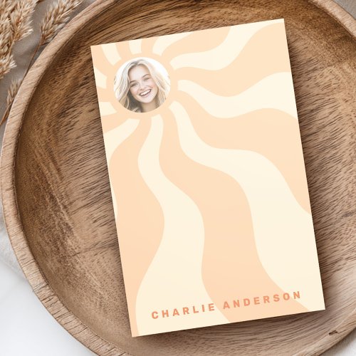 Custom orange retro swirl sticky notes featuring wavy sunburst design, photo frame, and personalized text. Perfect for reminders, to-do lists, and thoughtful stationery gifts.