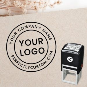Custom round self-inking logo stamp with circular border, custom text for company name and website, and central space for your logo. Ideal for business branding, packaging, and stationery.