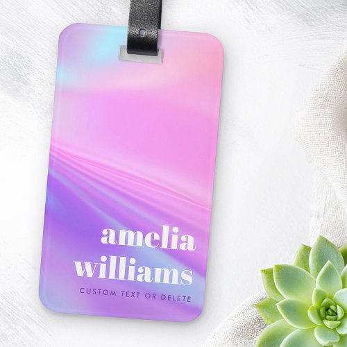 Pastel gradient luggage tag with customizable white text, featuring soft pink, purple, and aqua hues. Personalized travel accessory for suitcases, backpacks, and carry-ons.