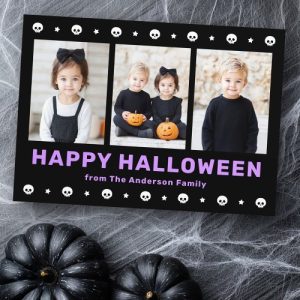 Halloween photo card with black background, skull and star border, purple “Happy Halloween” text, and three customizable photo slots for family pictures.