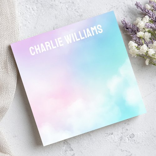 Personalized pastel gradient sky and clouds sticky notes with a dreamy background in pink, lavender, blue, and aqua. Customizable with name or text, ideal for reminders, planners, journaling, or office stationery.