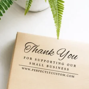 Elegant thank you for supporting our small business rubber stamp with customizable text for shop name or website.