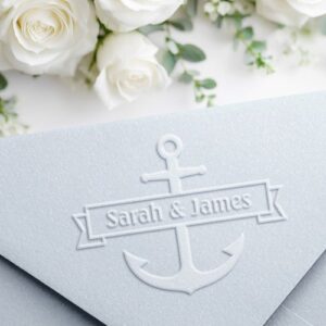 Elegant nautical anchor embosser design with personalized names in a horizontal banner. Perfect for wedding stationery, invitations, and coastal-themed events.