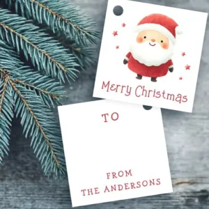 Watercolor Santa Christmas gift tag with cute Santa, red stars, “Merry Christmas” text, and customizable To/From fields on the back. Festive personalized holiday hang tag.