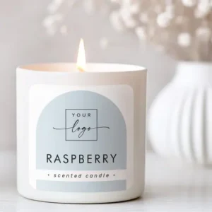 Elegant light dusty blue arch product label sticker with modern typography and logo template. Custom printed sticker for handmade product packaging and small business branding.