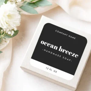 Modern black and white product label sticker with bold serif font and minimalist layout. Custom product name for small business packaging and branding.