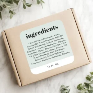 Modern ingredients label sticker with soft green background, white accent band, and bold black “ingredients” title. Ideal for handmade soap, candle, and skincare packaging.
